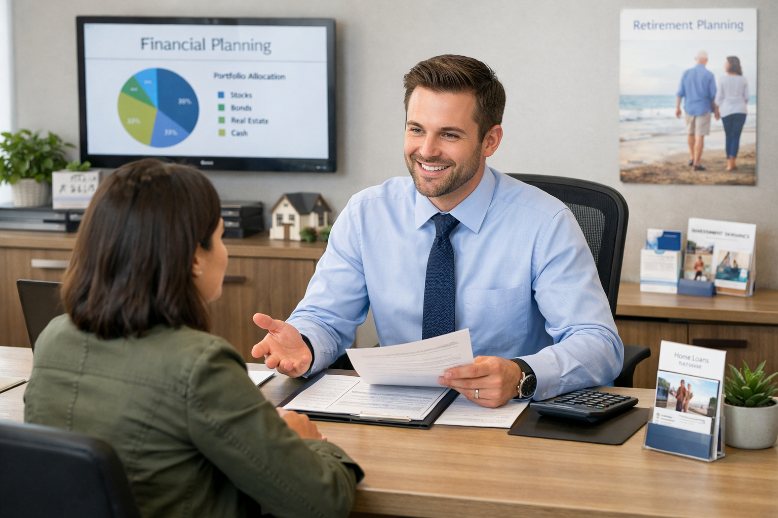 Financial services office with employee and customer