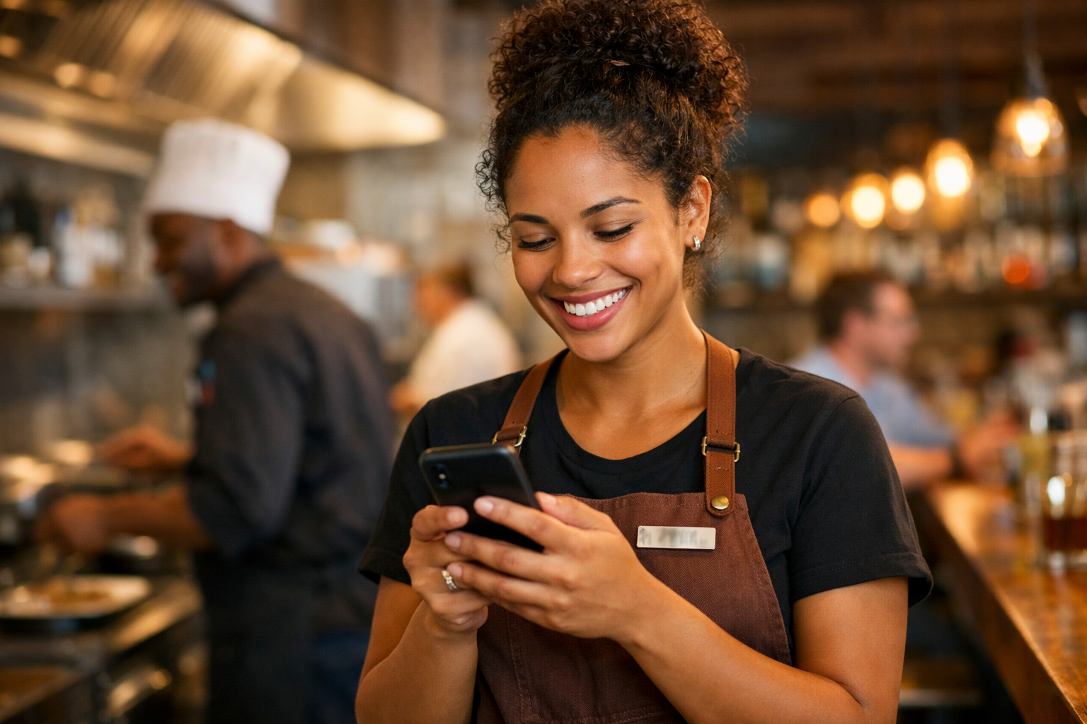 Happy Restaurant Employee Checks Phone Diverse-1
