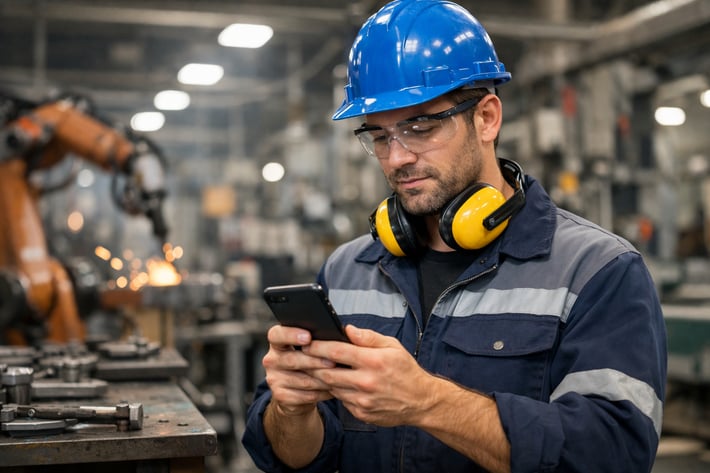 Manufacturing Employee Checks Mobile Device-1
