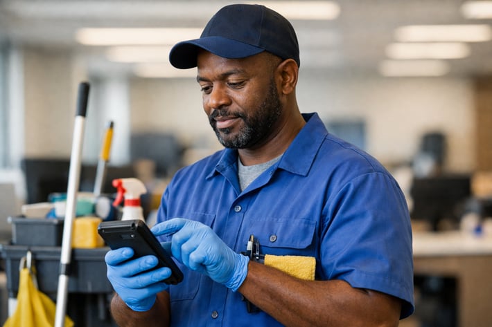 Minority Facilities Cleaning Worker Checks Device Minority Facilities Cleaning Worker Checks Device