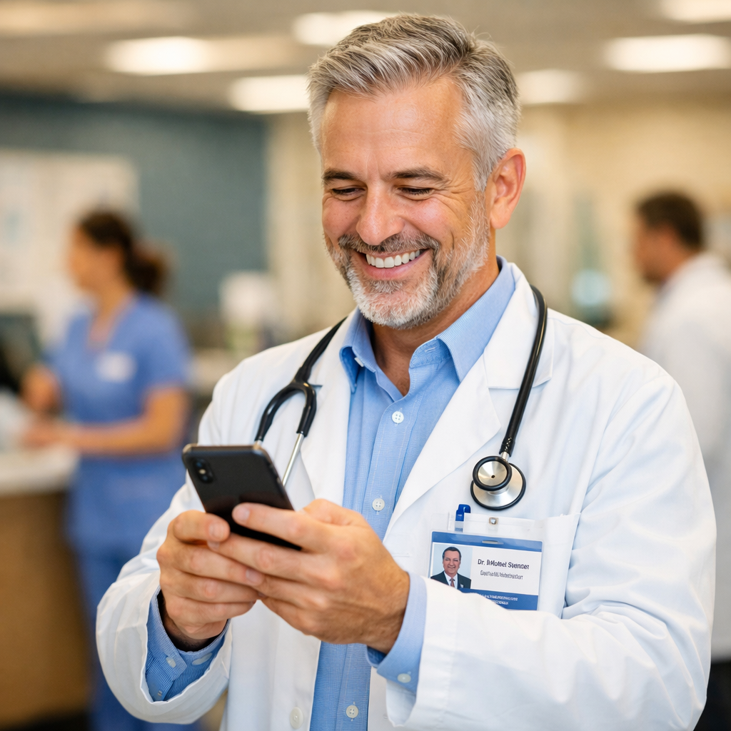Happy Healthcare Leader using mobile