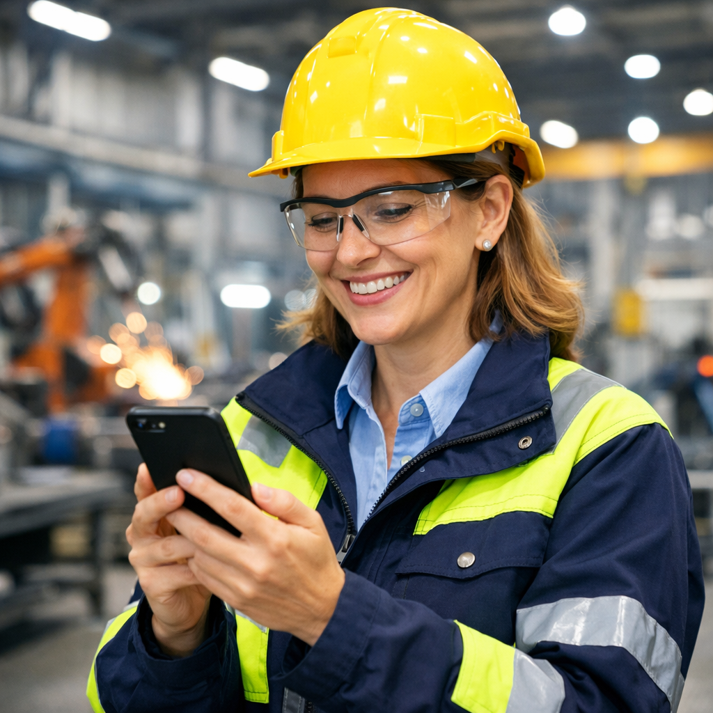 Happy Manufacturing Leader female looking at mobile-1