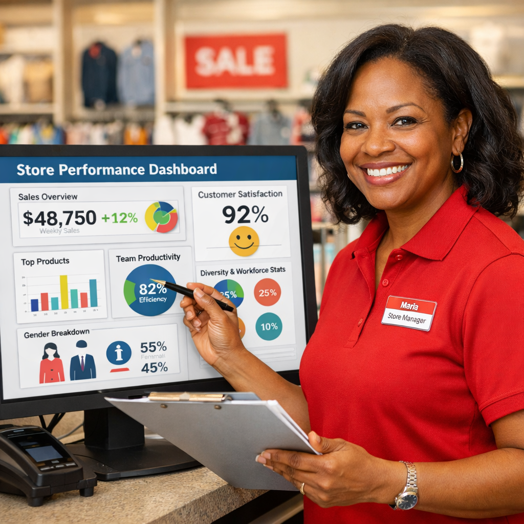 Happy Retail Store leader reviewing dashboard diversity-1